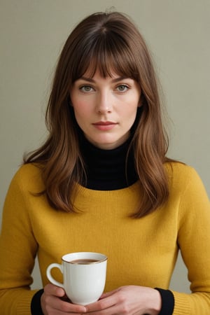 (((Iconic 1960s age style extremely beautiful)))
(((The image is a stylized portrait, likely created for artistic or fashion purposes. The subject's pose and attire suggest a contemporary setting with vintage influences. The solid color background focuses attention on the subject and her expression)))
(((black sweater long sleeves turtleneck)))
(((holding Cup of tea)))
(((Simple minimalist yellow colors backgroun)))
(((looking at viewer)))
((( black short hair bangs)))
(((masterpiece,minimalist,hyperrealistic,photorealistic))) 
(((By Annie Leibovitz style,by Wes Anderson style)))