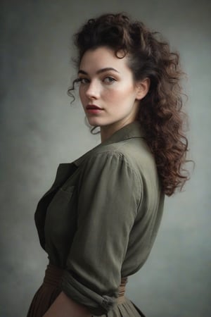 Prompt: (((Iconic 1940s age style but extremely beautiful))) (((black curly messy hair 40s age style,light rainbow in hair))) (((Pale skin and freckles, gorgeous and Voluptuous))) (((Chiaroscuro, soft light background))) (((female action poses))) (((masterpiece,minimalist, hyperrealistic,photorealistic))) (((view zoom,close-up, focal point torso))) (((By Annie Leibovitz style,by Rembrandt style)))