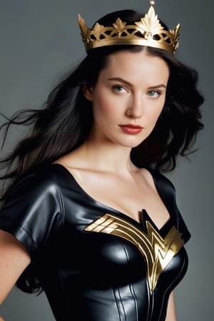 (((Iconic 1940s age style but extremely beautiful))) 
(((black long straight hair 40s age style)))
(((with matte black short-sleeved t-shirt, golden tiara, leather and silver Amazon warrior costume, [Wonder woman] serious expression, severe but calm)))
(((Pale skin and freckles, gorgeous and Voluptuous))) (((Chiaroscuro, soft light background))) 
(((female action poses))) (((masterpiece,minimalist, hyperrealistic,photorealistic))) (((view zoom,close-up,focal upper torso))) 
(((By Annie Leibovitz style,by Rembrandt style)))