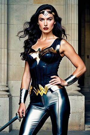(((Iconic 1940s age style but extremely beautiful))) 
(((black very long straight hair 40s age style)))
(((with matte black t-shirt under the suit, leather and silver Amazon warrior costume [Wonder woman] serious expression, severe but calm)))
(((Pale skin and freckles, gorgeous and Voluptuous and muscular))) (((Chiaroscuro, soft light background))) 
(((female action poses))) (((masterpiece,minimalist, hyperrealistic,photorealistic))) (((view zoom,close-up,focal upper torso))) 
(((By Annie Leibovitz style,by caravaggio style)))