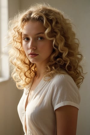 (((Iconic extremely beautiful)))
(((Blonde curly Hair shot)))
(((delicate interplay of light and shadow, artistic expression, emotional resonance, symmetry,minimalistic)))
(((1950s age style)))
(((Sun-drenched light colors background)))
(((View zoom,view detailed,view 
 Profile,wide angle))) 
(((by Alfred hitchcock style,by caravaggio style))),cinematic style