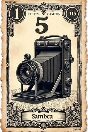 (((A billetes de 5 dólares antiguo of Vintage camera, showcasing classic Victorian-era art with traditional engraving, detailed linework, tarot card-inspired design, and intricate border patterns. The stamp should feature distressed textures, subtle grain, antique paper, hand-drawn elements, and refined, classic typography)))