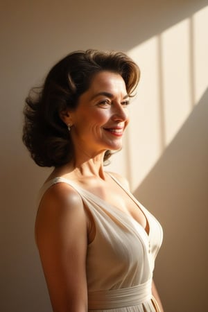 (((Iconic Woman mature extremely beautiful)))
(((beautiful smile)))
(((delicate interplay of light and shadow, artistic expression, emotional resonance, symmetry,minimalistic)))
(((1950s age style)))
(((Sun-drenched light colors background)))
(((View zoom,view detailed,view 
 Profile,wide angle))) 
(((by Francis Ford Coppola style,by caravaggio style)))