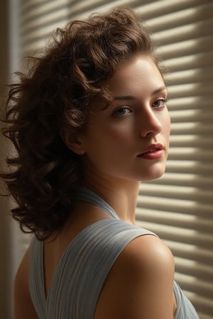 (((Iconic girl lighting but extremely beautiful)))
(((1940s age style)))
(((shadows of blinds on the face)))
(((large hair curly)))
(((Chiaroscuro light full colors background)))
(((masterpiece,minimalist,epic,
hyperrealistic,photorealistic)))
(((view profile,view detailed,
dutch_angle)))
(((Annie Leibovitz style, by Michael Curtiz style)))