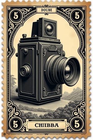 (((A billetes de 5 dólares antiguo of Vintage camera, showcasing classic Victorian-era art with traditional engraving, detailed linework, tarot card-inspired design, and intricate border patterns. The stamp should feature distressed textures, subtle grain, antique paper, hand-drawn elements, and refined, classic typography)))