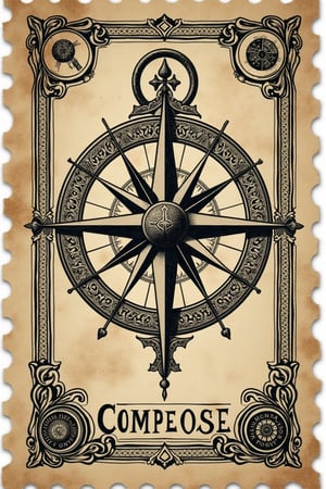 (((A vintage postage stamp of Vintage compass, showcasing classic Victorian-era art with traditional engraving, detailed linework, tarot card-inspired design, and intricate border patterns. The stamp should feature distressed textures, subtle grain, antique paper, hand-drawn elements, and refined, classic typography)))