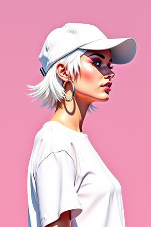  Minimalist vector art illustration of a woman with short white hair, rough digital brush strokes, wearing large hoop earrings and a baseball cap. Extremely overexposed, extremely bright on deep pink background. She is dressed in white shirt. Speed painting low poly sketch. The background color is a flat, pure Klein Blue, with a minimalist, clean, and bright lighting style. This is a simplistic sketch, sharply focused portrait sketch with cinematic studio lighting, resulting in a masterpiece of the highest quality.




