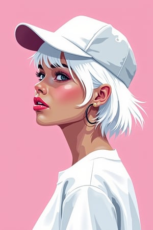  Minimalist vector art illustration of a woman with short white hair, rough digital brush strokes, wearing large hoop earrings and a baseball cap. Extremely overexposed, extremely bright on deep pink background. She is dressed in white shirt. Speed painting low poly sketch. The background color is a flat, pure Klein Blue, with a minimalist, clean, and bright lighting style. This is a simplistic sketch, sharply focused portrait sketch with cinematic studio lighting, resulting in a masterpiece of the highest quality.




