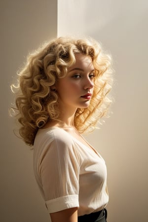 (((Iconic extremely beautiful)))
(((Blonde curly Hair shot)))
(((delicate interplay of light and shadow, artistic expression, emotional resonance, symmetry,minimalistic)))
(((1950s age style)))
(((Sun-drenched light colors background)))
(((View zoom,view detailed,view 
 Profile,wide angle))) 
(((by Alfred hitchcock style,by caravaggio style))),cinematic style