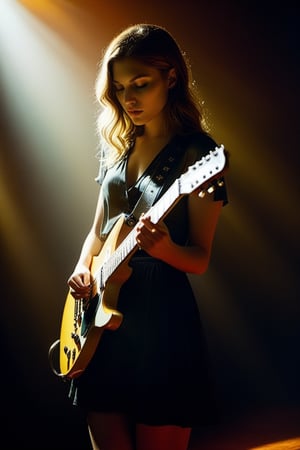 (((Iconic girl extremely beautiful)))
(((playing electric guitar)))
(((moody atmosphere, ethereal glow, delicate interplay of light and shadow, captivating gaze, artistic expression, emotional resonance)))
(((Chiaroscuro vivid colors background)))
(((View zoom,view detailed, dutch_angle)))
(((by Annie Leibovitz style, byDiane Arbus style)))