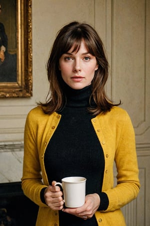 (((Iconic 1960s age style extremely beautiful)))
(((The image is a stylized portrait, likely created for artistic or fashion purposes. The subject's pose and attire suggest a contemporary setting with vintage influences. The solid color background focuses attention on the subject and her expression)))
(((black sweater long sleeves turtleneck)))
(((holding Cup of tea)))
(((Simple minimalist yellow colors backgroun)))
(((looking at viewer)))
((( black short hair bangs)))
(((masterpiece,minimalist,hyperrealistic,photorealistic))) 
(((By Annie Leibovitz style,by Wes Anderson style)))