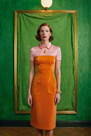 (((Iconic extremely beautiful)))
(((In this image, a woman dressed in an orange dress stands against a green background. The woman's pose and the dress's color are the main focus of the image.)))
(((Beautiful Gorgeous,
voluptuous))) 
(((Chiaroscuro pea pink colors background)))
(((wista perfil,wide angle)))
(((masterpiece,minimalist,epic, hyperrealistic,photorealistic))) 
(((By Annie Leibovitz style,by Wes Anderson style)))