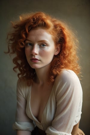(((Iconic 1940s age style but extremely beautiful)))
(((Redhead curly messy hair 40s age style,light rainbow in hair)))
(((Pale skin and freckles,
gorgeous and Voluptuous)))
(((Chiaroscuro, soft light background)))
(((female action poses)))
(((masterpiece,minimalist,
hyperrealistic,photorealistic)))
(((view zoom,close-up, focal point torso)))
(((By Annie Leibovitz style,by Rembrandt style)))
