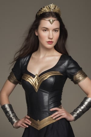 (((Iconic 1940s age style but extremely beautiful))) 
(((black long straight hair 40s age style)))
(((with matte black short-sleeved t-shirt, golden tiara, leather and silver Amazon warrior costume, [Wonder woman] serious expression, severe but calm)))
(((Pale skin and freckles, gorgeous and Voluptuous))) (((Chiaroscuro, soft light background))) 
(((female action poses))) (((masterpiece,minimalist, hyperrealistic,photorealistic))) (((view zoom,close-up,focal upper torso))) 
(((By Annie Leibovitz style,by Rembrandt style)))