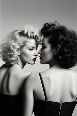 (((Iconic two woman 1950s age style but extremely beautiful)))
(((Black and blonde messy curly hair long)))
(((Chiaroscuro bright Solid colors background)))
(((masterpiece,minimalist,epic,
hyperrealistic,photorealistic)))
(((view profile,view detailed,
dutch_angle)))
(((Monochrome light solid colors)))
(((Annie Leibovitz style, by Diane Arbus style)))