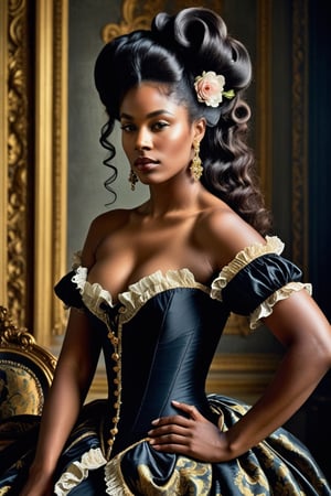 (((Iconic classical style 1800s extremely beautiful)))
(((Rococo style melancholic))) 
(((black Rococo style hair)))
(((Beautiful Gorgeous,muscular, voluptuous, sexy, athletic))) 
(((Chiaroscuro vivid colors background))) 
(((masterpiece,minimalist,epic, hyperrealistic,photorealistic))) (((view very zoom,view profile, Wide angle))) 
(((By Annie Leibovitz style,by caravaggio style)))