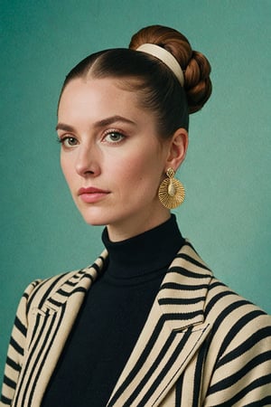 (((Iconic extremely beautiful)))
(((A woman with a high bun and large leaf earrings stands against a teal background. She wears a black and white striped garment with a large collar. Her gaze is directed away from the camera, and her expression is neutral)))
(((Beautiful Gorgeous,voluptuous))) 
(((Chiaroscuro colors background))) 
(((masterpiece,minimalist,epic, hyperrealistic,photorealistic))) 
(((By Annie Leibovitz style,by Wes Anderson style)))