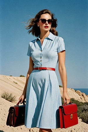 (((Iconic extremely beautiful)))
(((The image depicts a woman against a solid blue sky. Her attire and pose suggest a mid-20th-century fashion influence, while the use of color and shadowing techniques give it a modern, stylized feel,She is holding a small vintage red briefcase with both hands in front of her, wearing a short light blue dress with white horizontal stripes from the 60's)))
(((Beautiful Gorgeous,
voluptuous))) 
(((Chiaroscuro light colors background)))
(((wista perfil)))
(((masterpiece,minimalist,epic, hyperrealistic,photorealistic))) 
(((By Annie Leibovitz style,by Wes Anderson style)))