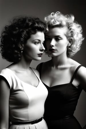 (((Iconic two woman 1950s age style but extremely beautiful)))
(((Black and blonde messy curly hair long)))
(((Chiaroscuro bright Solid colors background)))
(((masterpiece,minimalist,epic,
hyperrealistic,photorealistic)))
(((view profile,view detailed,
dutch_angle)))
(((Monochrome light solid colors)))
(((Annie Leibovitz style, by Diane Arbus style)))