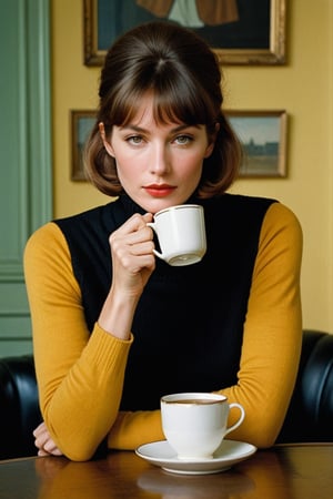 (((Iconic 1960s age style extremely beautiful)))
(((The image is a stylized portrait, likely created for artistic or fashion purposes. The subject's pose and attire suggest a contemporary setting with vintage influences. The solid color background focuses attention on the subject and her expression)))
(((black sweater long sleeves turtleneck)))
(((holding Cup of tea)))
(((Simple minimalist yellow colors backgroun)))
(((looking at viewer)))
((( black short hair bangs)))
(((masterpiece,minimalist,hyperrealistic,photorealistic))) 
(((By Annie Leibovitz style,by Wes Anderson style)))
