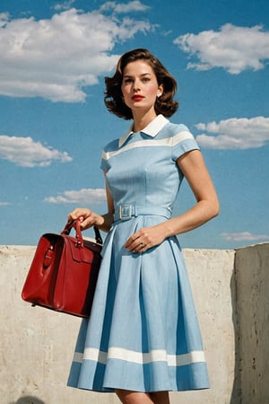 (((Iconic extremely beautiful)))
(((The image depicts a woman against a solid blue sky. Her attire and pose suggest a mid-20th-century fashion influence, while the use of color and shadowing techniques give it a modern, stylized feel,She is holding a small vintage red briefcase with both hands in front of her, wearing a short light blue dress with white horizontal stripes from the 60's)))
(((Beautiful Gorgeous,
voluptuous))) 
(((Wall minimalist blue colors gradient backgroun)))
(((wista perfil)))
(((masterpiece,minimalist,hyperrealistic,photorealistic))) 
(((By Annie Leibovitz style,by Wes Anderson style)))