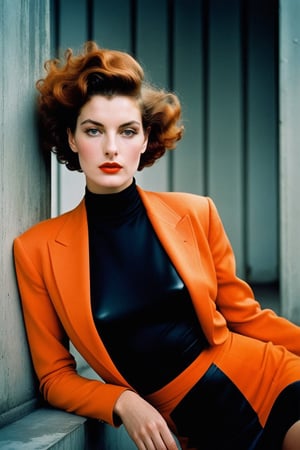 (((Iconic Guy Bourdin style but extremely beautiful)))(((Futuristic-sci-fi 1940s age style vintage))) 
(((Black short messy hair))) (((Beautiful Gorgeous, voluptuous))) 
(((Chiaroscuro light colors background))) 
(((Space Futuristic orange clothing vintage 1940s age style))) (((masterpiece,minimalist,epic, hyperrealistic,photorealistic))) (((view very zoom,view profile, Wide angle))) 
(((By Annie Leibovitz style,by Guy Bourdin style)))