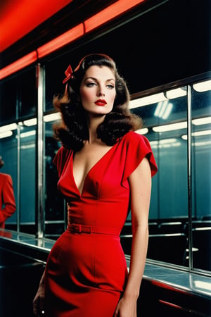 (((Iconic Guy Bourdin style but extremely beautiful)))(((Futuristic-sci-fi 1940s age style vintage))) 
(((black long straight hair 40s age style)))
(((Beautiful Gorgeous, voluptuous))) 
(((Chiaroscuro light colors background))) 
(((Space Futuristic red clothing vintage 1940s age style))) (((masterpiece,minimalist,epic, hyperrealistic,photorealistic))) (((view very zoom,view profile, Wide angle))) 
(((By Annie Leibovitz style,by Guy Bourdin style)))