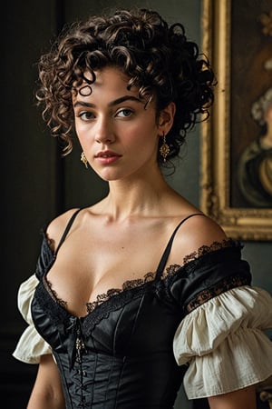 (((Iconic classical style 1800s extremely beautiful)))
(((Rococo style melancholic))) 
(((black short curly messy hair)))
(((Beautiful Gorgeous,muscular, voluptuous, sexy, athletic))) 
(((Chiaroscuro vivid colors background))) 
(((masterpiece,minimalist,epic, hyperrealistic,photorealistic))) (((view very zoom,view profile, Wide angle))) 
(((By Annie Leibovitz style,by caravaggio style)))
