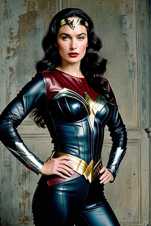 (((Iconic 1940s age style but extremely beautiful))) 
(((black very long straight hair 40s age style)))
(((with matte black t-shirt under the suit, leather and silver Amazon warrior costume [Wonder woman] serious expression, severe but calm)))
(((Pale skin and freckles, gorgeous and Voluptuous and muscular))) (((Chiaroscuro, soft light background))) 
(((female action poses))) (((masterpiece,minimalist, hyperrealistic,photorealistic))) (((view zoom,close-up,focal upper torso))) 
(((By Annie Leibovitz style,by caravaggio style)))