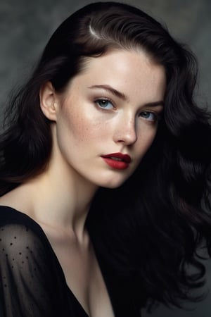 (((Iconic 1940s age style but extremely beautiful))) 
(((black long straight hair 40s age style))) 
(((Pale skin and freckles, gorgeous and Voluptuous))) (((Chiaroscuro, soft light background))) 
(((female action poses))) (((masterpiece,minimalist, hyperrealistic,photorealistic))) (((view zoom,close-up,focal upper torso))) 
(((By Annie Leibovitz style,by Rembrandt style)))