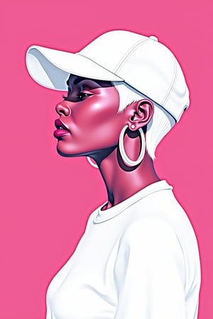  Minimalist vector art illustration of a woman with short white hair, rough digital brush strokes, wearing large hoop earrings and a baseball cap. Extremely overexposed, extremely bright on deep pink background. She is dressed in white shirt. Speed painting low poly sketch. The background color is a flat, pure Klein Blue, with a minimalist, clean, and bright lighting style. This is a simplistic sketch, sharply focused portrait sketch with cinematic studio lighting, resulting in a masterpiece of the highest quality.




