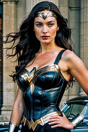 (((Iconic 1940s age style but extremely beautiful))) 
(((black very long straight hair 40s age style)))
(((with matte black t-shirt under the suit, leather and silver Amazon warrior costume [Wonder woman] serious expression, severe but calm)))
(((Pale skin and freckles, gorgeous and Voluptuous and muscular))) (((Chiaroscuro, soft light background))) 
(((female action poses))) (((masterpiece,minimalist, hyperrealistic,photorealistic))) (((view zoom,close-up,focal upper torso))) 
(((By Annie Leibovitz style,by caravaggio style)))