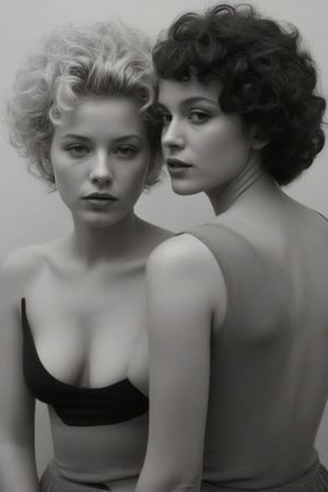 (((Iconic two woman 1950s age style but extremely beautiful)))
(((Black and blonde messy curly hair long)))
(((Chiaroscuro bright Solid colors background)))
(((masterpiece,minimalist,epic,
hyperrealistic,photorealistic)))
(((view profile,view detailed,
dutch_angle)))
(((Monochrome light solid colors)))
(((Annie Leibovitz style, by Diane Arbus style)))