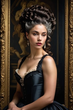 (((Iconic classical style 1800s extremely beautiful)))
(((Rococo style melancholic))) 
(((black Rococo style hair)))
(((Beautiful Gorgeous,muscular, voluptuous, sexy, athletic))) 
(((Chiaroscuro vivid colors background))) 
(((masterpiece,minimalist,epic, hyperrealistic,photorealistic))) (((view very zoom,view profile, Wide angle))) 
(((By Annie Leibovitz style,by caravaggio style)))