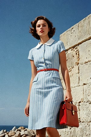 (((Iconic extremely beautiful)))
(((The image depicts a woman against a solid blue sky. Her attire and pose suggest a mid-20th-century fashion influence, while the use of color and shadowing techniques give it a modern, stylized feel,She is holding a small vintage red briefcase with both hands in front of her, wearing a short light blue dress with white horizontal stripes from the 60's)))
(((Beautiful Gorgeous,
voluptuous))) 
(((Chiaroscuro light colors background)))
(((wista perfil)))
(((masterpiece,minimalist,epic, hyperrealistic,photorealistic))) 
(((By Annie Leibovitz style,by Wes Anderson style)))