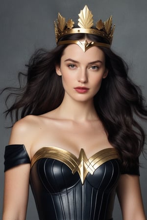 (((Iconic 1940s age style but extremely beautiful))) 
(((black long straight hair 40s age style)))
(((with matte black short-sleeved t-shirt, golden tiara, leather and silver Amazon warrior costume, [Wonder woman] serious expression, severe but calm)))
(((Pale skin and freckles, gorgeous and Voluptuous))) (((Chiaroscuro, soft light background))) 
(((female action poses))) (((masterpiece,minimalist, hyperrealistic,photorealistic))) (((view zoom,close-up,focal upper torso))) 
(((By Annie Leibovitz style,by Rembrandt style)))