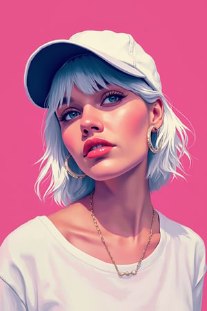  Minimalist vector art illustration of a woman with short white hair, rough digital brush strokes, wearing large hoop earrings and a baseball cap. Extremely overexposed, extremely bright on deep pink background. She is dressed in white shirt. Speed painting low poly sketch. The background color is a flat, pure Klein Blue, with a minimalist, clean, and bright lighting style. This is a simplistic sketch, sharply focused portrait sketch with cinematic studio lighting, resulting in a masterpiece of the highest quality.




