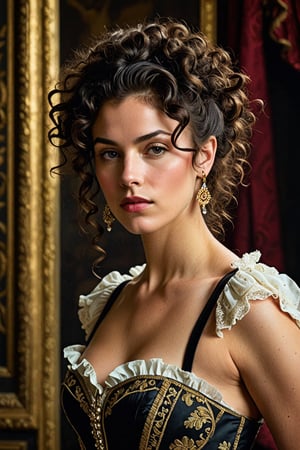 (((Iconic classical style 1800s extremely beautiful)))
(((Rococo style melancholic))) 
(((black short curly messy hair)))
(((Beautiful Gorgeous,muscular, voluptuous, sexy, athletic))) 
(((Chiaroscuro vivid colors background))) 
(((masterpiece,minimalist,epic, hyperrealistic,photorealistic))) (((view very zoom,view profile, Wide angle))) 
(((By Annie Leibovitz style,by caravaggio style)))