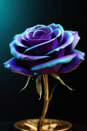 ArtMachina, cyb-3d-art, close up, (((Purple,Turquoise,Gold,Cream color)))masterpiece, best quality, ultra quality, levitating crystal rose, 3D, artistic, aestethic, minimalistic style, simple composition, majestic art, dark background, levitating,photo r3al, cinematic moviemaker style,IMGFIX