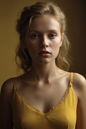 (((Iconic girl extremely beautiful)))
(((moody atmosphere, ethereal glow, delicate interplay of light and shadow, captivating gaze, artistic expression, emotional resonance)))
(((Chiaroscuro yellow colors background)))
(((View zoom,view detailed, dutch_angle)))
(((by Annie Leibovitz style, byDiane Arbus style))),photo r3al