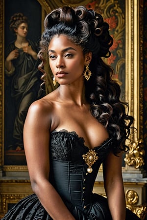 (((Iconic classical style 1800s extremely beautiful)))
(((Rococo style melancholic))) 
(((black Rococo style hair)))
(((Beautiful Gorgeous,muscular, voluptuous, sexy, athletic))) 
(((Chiaroscuro vivid colors background))) 
(((masterpiece,minimalist,epic, hyperrealistic,photorealistic))) (((view very zoom,view profile, Wide angle))) 
(((By Annie Leibovitz style,by caravaggio style)))