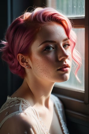 (((Iconic but extremely beautiful)))
(((gothic girl with pink hair and freckles hit by a ray of sun from a window,crystal-clear sharpness, moody atmosphere, ethereal glow, delicate interplay of light and shadow, captivating gaze, rich color palette, artistic expression, emotional resonance)))
(((Chiaroscuro colors background)))
(((Symmetrical,masterpiece,
minimalist,hyperrealistic,
photorealistic,dramatic contrast, intricate lace details, deep shadows, vibrant highlights, soft textures, )))
(((View zoom,view detailed, dutch_angle)))
(((By caravaggio style,by Wes Anderson style)))