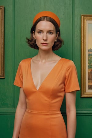 (((Iconic extremely beautiful)))
(((In this image, a woman dressed in an orange dress stands against a green background. The woman's pose and the dress's color are the main focus of the image.)))
(((Beautiful Gorgeous,
voluptuous))) 
(((Chiaroscuro pea pink colors background)))
(((wista perfil)))
(((masterpiece,minimalist,epic, hyperrealistic,photorealistic))) 
(((By Annie Leibovitz style,by Wes Anderson style)))