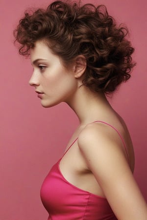 (((Iconic 1950s age style but extremely beautiful)))
(((messy curly hair long)))
(((Chiaroscuro bright Solid colors background)))
(((masterpiece,minimalist,epic,
hyperrealistic,photorealistic)))
(((view profile,view detailed,
dutch_angle)))
(((Monochrome pink solid colors)))
(((Annie Leibovitz style, by Diane Arbus style)))