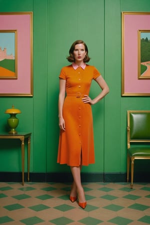 (((Iconic extremely beautiful)))
(((In this image, a woman dressed in an orange dress stands against a green background. The woman's pose and the dress's color are the main focus of the image.)))
(((Beautiful Gorgeous,
voluptuous))) 
(((Chiaroscuro pea pink colors background)))
(((wista perfil,wide angle)))
(((masterpiece,minimalist,epic, hyperrealistic,photorealistic))) 
(((By Annie Leibovitz style,by Wes Anderson style)))