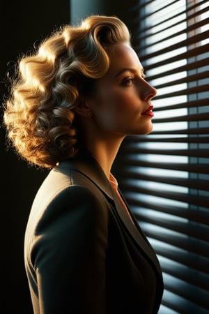 (((Iconic Woman lighting but extremely beautiful)))
(((1940s age style)))
(((shadows of blinds)))
(((large hair curly)))
(((Chiaroscuro light rainbow colors background)))
(((masterpiece,minimalist,epic,
hyperrealistic,photorealistic)))
(((view profile,view detailed,
dutch_angle)))
(((By Annie Leibovitz style, by Michael Curtiz style)))