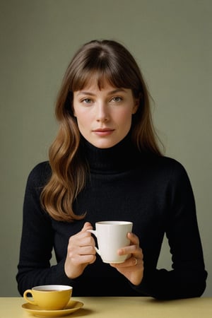 (((Iconic 1960s age style extremely beautiful)))
(((The image is a stylized portrait, likely created for artistic or fashion purposes. The subject's pose and attire suggest a contemporary setting with vintage influences. The solid color background focuses attention on the subject and her expression)))
(((black sweater long sleeves turtleneck)))
(((holding Cup of tea)))
(((Simple minimalist yellow colors backgroun)))
(((looking at viewer)))
((( black short hair bangs)))
(((masterpiece,minimalist,hyperrealistic,photorealistic))) 
(((By Annie Leibovitz style,by Wes Anderson style)))