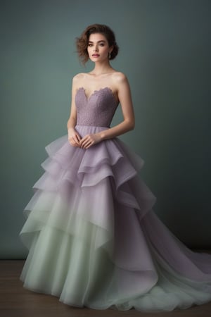 "A ethereal portrait of a young woman in a luxurious ballgown. The dress features a fitted dark lace bodice and a voluminous, layered tulle skirt in ombre shades from pale green to lavender to deep purple. The skirt is asymmetrical, shorter in front and longer in back. The model has wavy brown hair in a loose updo and natural makeup. She stands confidently with one hand on her hip. The lighting is soft and diffused, creating a dreamy atmosphere against a muted greenish-gray background. The overall effect is romantic and fairytale-like, reminiscent of high-fashion photography with a touch of fantasy."