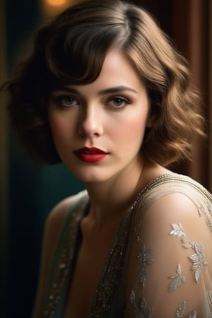 (((Iconic Woman 1920s age style 
 extremely beautiful)))
(((moody atmosphere, ethereal glow, delicate interplay of light and shadow, captivating gaze, artistic expression, emotional resonance)))
(((Chiaroscuro darkness colors background)))
((((masterpiece,hyperrealistic,
photorealistic,dramatic contrast, intricate details, deep shadows, vibrant highlights, soft textures, )))
(((View zoom,view detailed, dutch_angle)))
(((by Francis Ford Coppola style)))