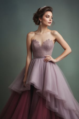 "A ethereal portrait of a young woman in a luxurious ballgown. The dress features a fitted dark lace bodice and a voluminous, layered tulle skirt in ombre shades from pale pink to lavender to deep red. The skirt is asymmetrical, shorter in front and longer in back. The model has wavy brown hair in a loose updo and natural makeup. She stands confidently with one hand on her hip. The lighting is soft and diffused, creating a dreamy atmosphere against a muted greenish-gray background. The overall effect is romantic and fairytale-like, reminiscent of high-fashion photography with a touch of fantasy."